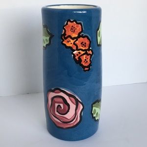 Ceramic Vase Blue vintage Hand Painted Pottery 1995 Floral Olives EUC 7" Mint